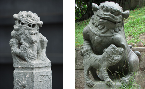 出水的石獅子(左，“刺桐會”供圖)與泉州開元寺的石獅子（右）雕工、造型十分相似